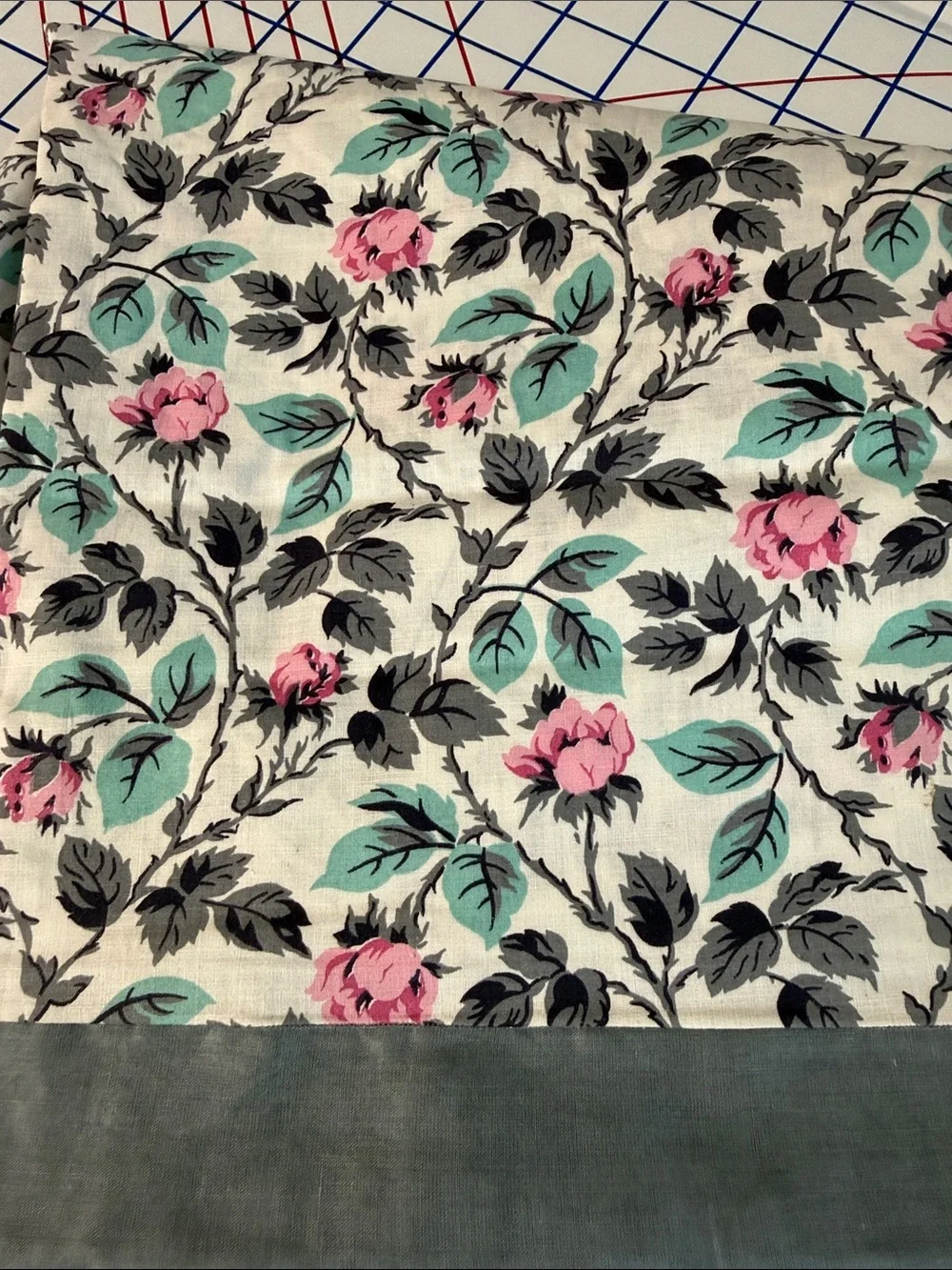 Vintage 1950s Floral Cotton Tablecloth Gray Organdy Border 52x52 Pink Rose